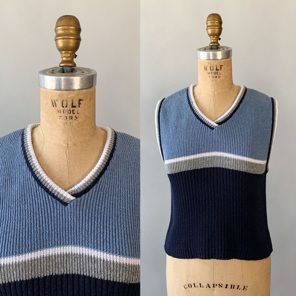 Vintage 1990s Blue Navy Striped Cotton Ribbed Knit Cropped Sweater Vest Small